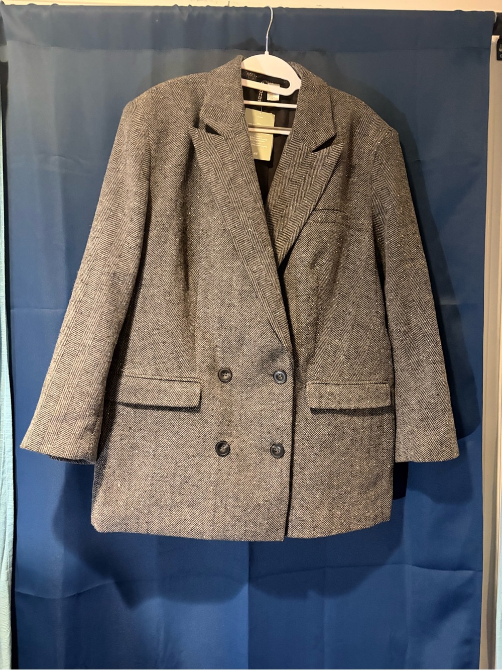 Divided Gray Herringbone Double-Breasted Blazer